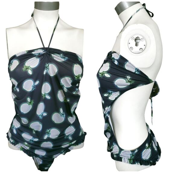 MIU MIU Resort 2011 apple print monokini ruffle one piece swim suit blue Sz 42 6 - Picture 1 of 8
